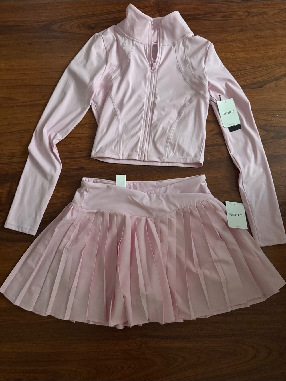 Forever 21 Light Pink Pleated Skirt and Cropped Zip Jacket Set